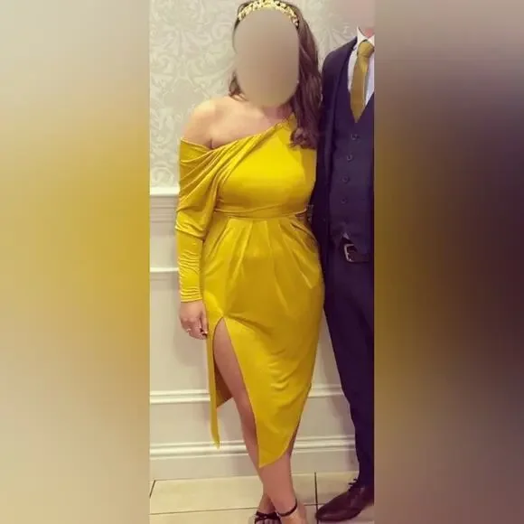 ASOS NEW One Shoulder Long Sleeve Gorgeous Yellow Gold Slinky Asymmetric Dress 2 - Picture 9 of 9